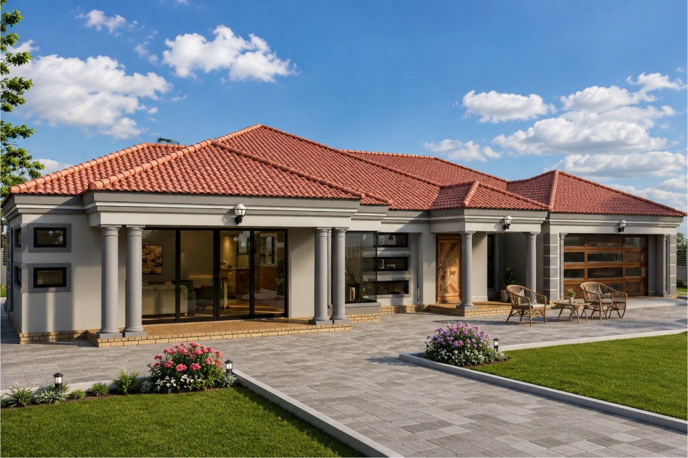 Rendered exterior preview of DHP-001 spacious 4-bedroom single-storey family home with double garage and hipped roof
