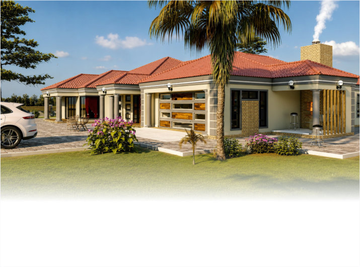 Rendered exterior preview of DHP-001 spacious 4-bedroom single-storey family home with double garage and hipped roof