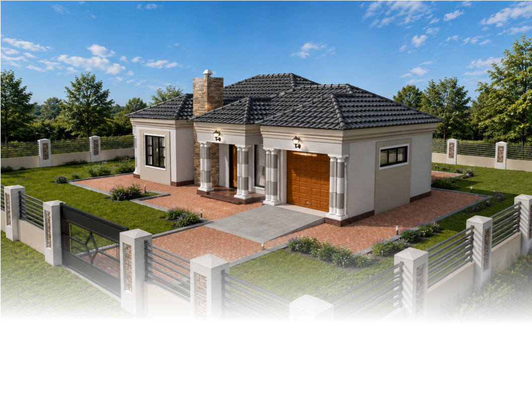 Compact 3-bedroom family home plan preview with hipped roof and single garage